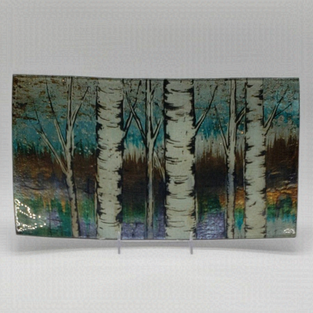 𝅺Reverse Hand Painted Birch Tree Forest Art Glass Console Plate